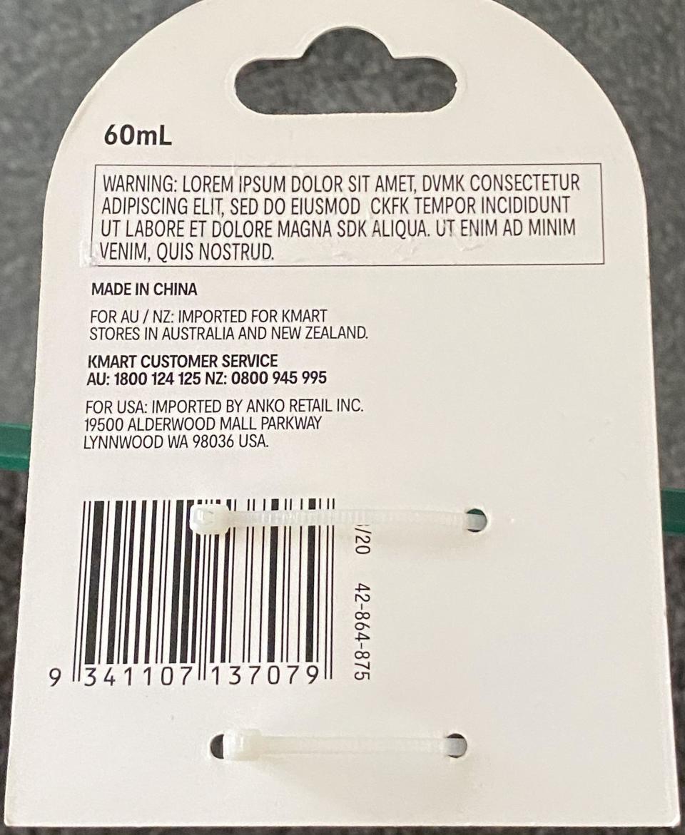 A warning label mix-up on a Kmart product has been roasted by shoppers. Photo: Reddit.