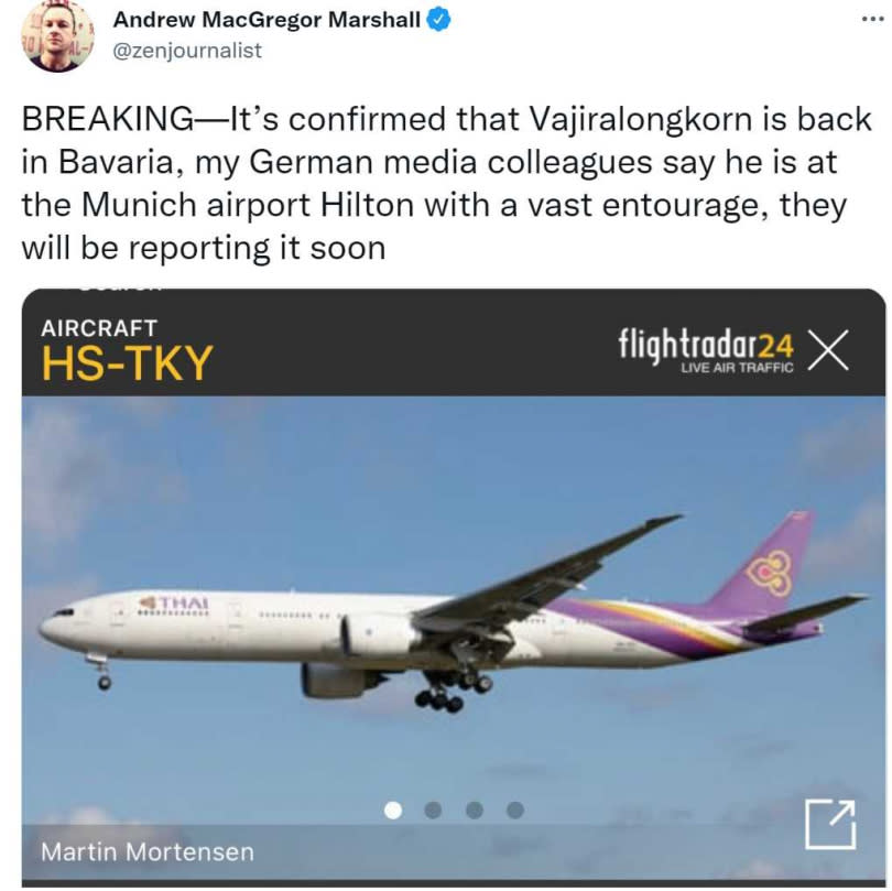 長期關注泰國王室動向的英國記者馬歇爾8日在推特爆料，瓦吉拉隆功已飛回巴伐利亞。（圖／翻攝自Andrew MacGregor Marshall推特）