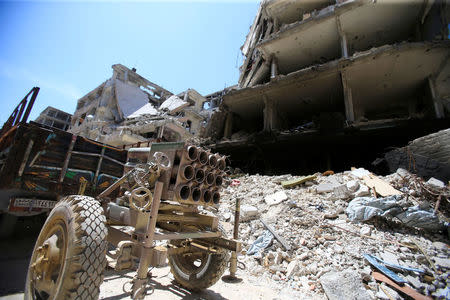 A rocket launcher is seen at the city of Douma, Damascus, Syria April 16, 2018. REUTERS/Ali Hashisho