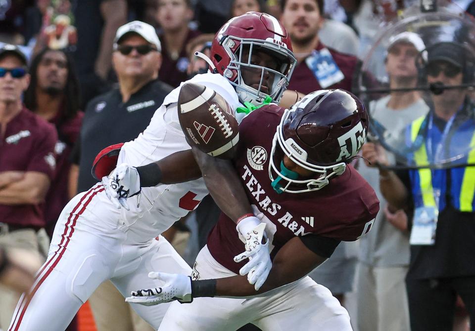 Oct 7, 2023; College Station, Texas, USA; Alabama Crimson Tide defensive back Terrion Arnold (3) defends against a pass intended for Texas A&M Aggies wide receiver Ainias Smith (0) during the fourth quarter at Kyle Field. Mandatory Credit: Troy Taormina-USA TODAY Sports