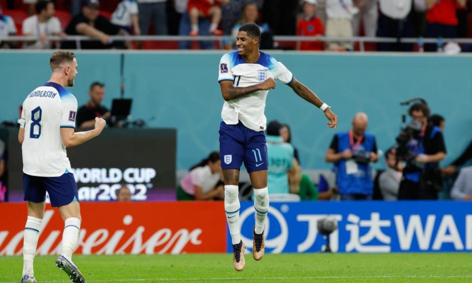 Marcus Rashford celebrates after scoring in England’s 3-0 victory against Wales.