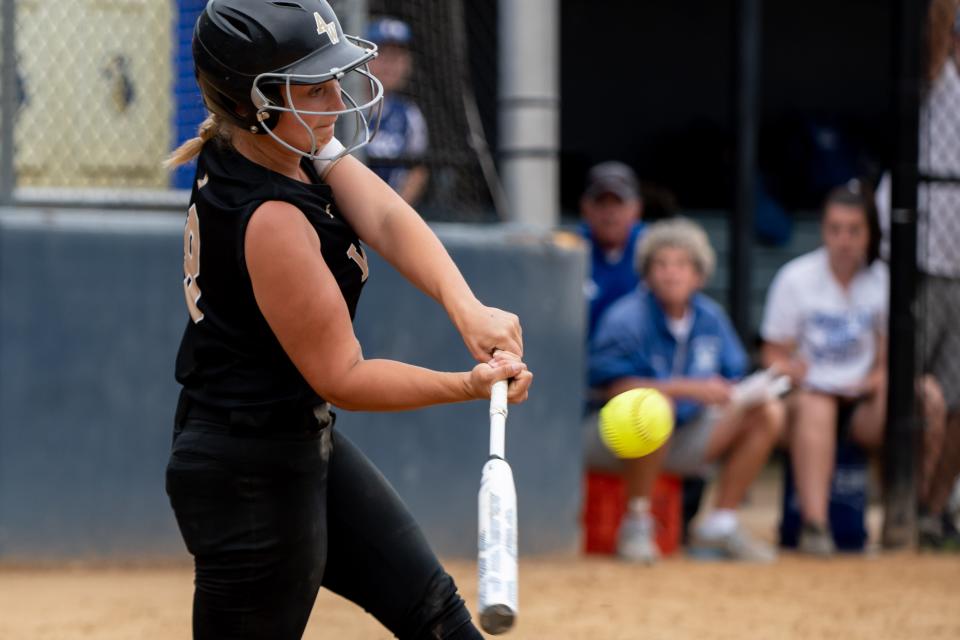 Archbishop Wood junior Dakota Fanelli delivers with a flyball to right that knocked in the winning run in the bottom of the seventh to give the Vikings their first Philadelphia Catholic League title since 1999.