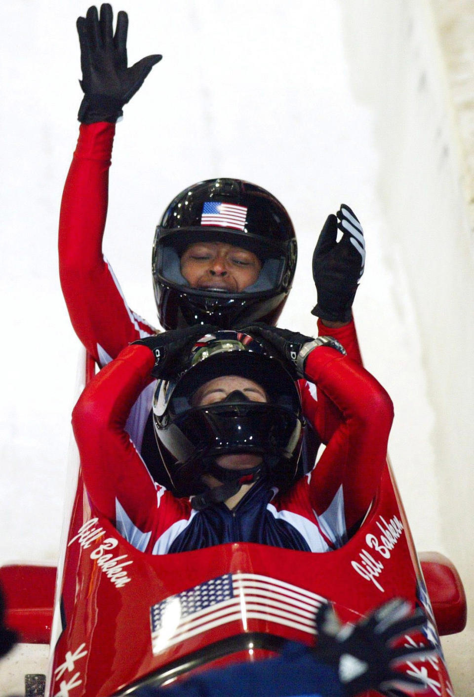 <p>2002 – VONETTA FLOWERS – SPORTS – First African-American Winter Olympic gold medal winner. — Jill Bakken (front) and Vonetta Flowers of the USA take the Gold in the 2-Women Bobsleigh at the 2002 Salt Lake City Winter Olympics on February 19, 2002 in Park City, Utah. (Alexander Hassenstein/Bongarts/Getty Images) </p>