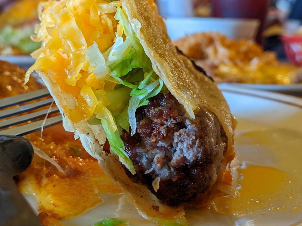 A photo of the hard-shelled ground beef taco at Mitla Cafe, which inspired the creation of Taco Bell.