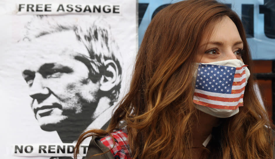 A protester of Julian Assange outside the Ecuadorian Embassy in London in 2012