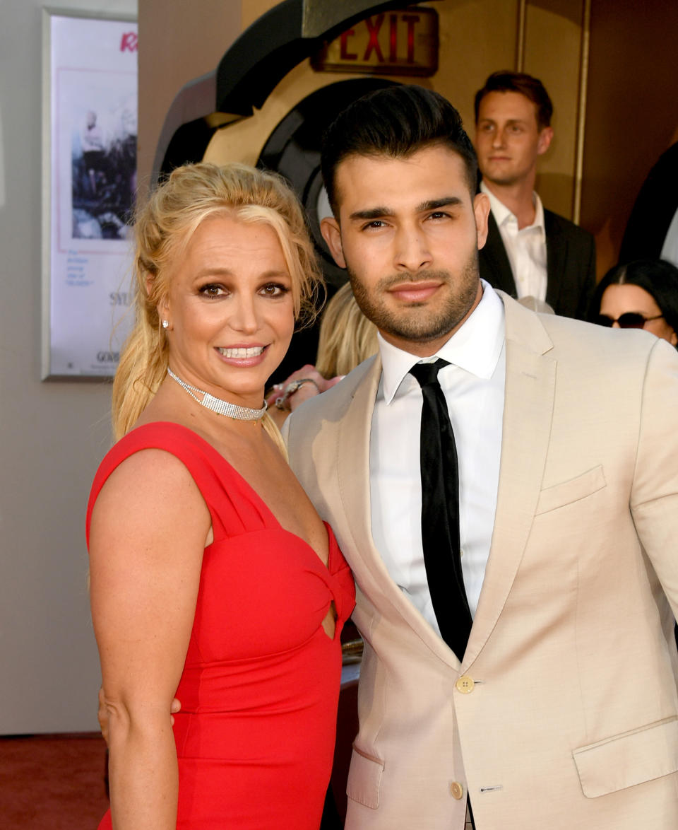 HOLLYWOOD, CALIFORNIA - JULY 22: Britney Spears (L) and Sam Asghari arrive at the premiere of Sony Pictures' 