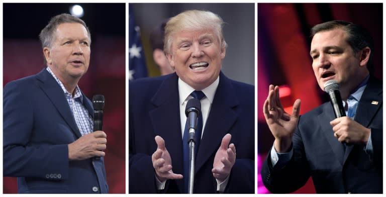 Republican presidential hopefuls John Kasich (left), Donald Trump (centre) and Ted Cruz are contesting a primary in Indiana