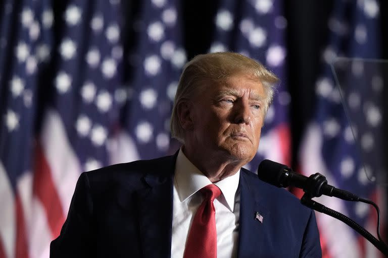 El expresidente estadounidense Donald Trump durante un mitin en Council Bluffs, Iowa, el 7 de julio de 2023 (AP Foto/Charlie Riedel, File)