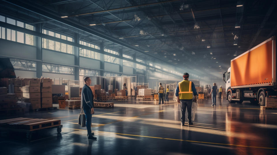 The interior of a truckload freight transportation hub, employees managing the operation.