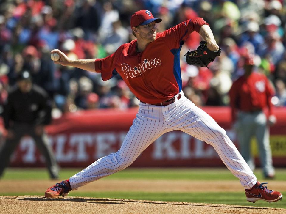 Roy Halladay pitches for the Philadelphia Phillies during a spring training game against the Washington Nationals in Clearwater, Florida, on March 6, 2013. The Phillies organisation said it was 'numb' over his death: REUTERS/Steve Nesius