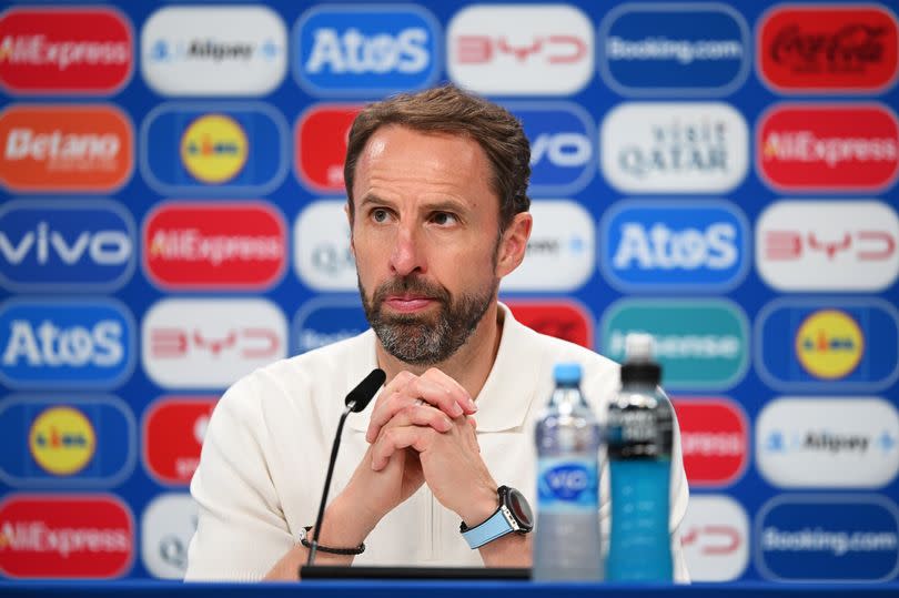 Gareth Southgate, Head Coach of England, speaks to the media in a post match press conference after the UEFA EURO 2024 group stage match between Denmark and England at Frankfurt Arena on June 20, 2024 in Frankfurt am Main, Germany.