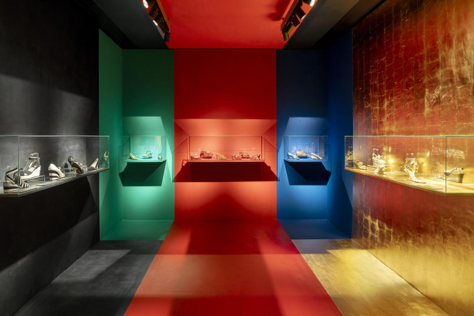 The "Creativity in Color" room at the "Salvatore Ferragamo 1898-1960" exhibition in Florence.