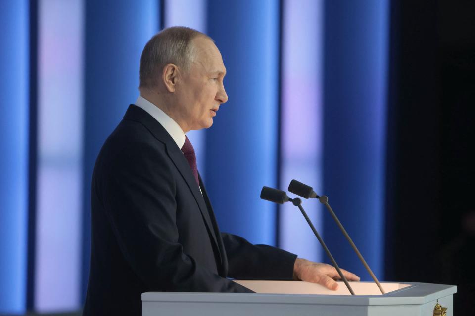 Russian President Vladimir Putin delivers his annual state of the nation address at the Gostiny Dvor conference centre in central Moscow on February 21, 2023. (Photo by Mikhail METZEL / SPUTNIK / AFP) (Photo by MIKHAIL METZEL/SPUTNIK/AFP via Getty Images)