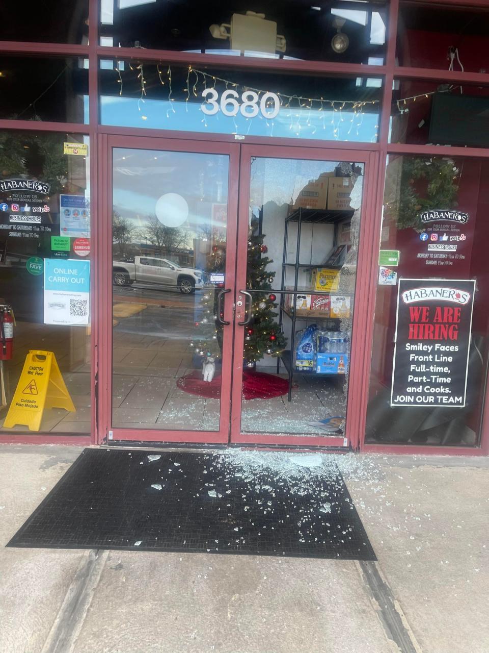 Glass litters the ground around the front entrance to Habaneros. (Courtesy Photo/Habaneros Fresh Mexican Grill)