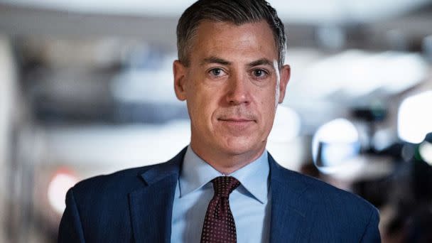 PHOTO: Rep. Jim Banks is seen outside a meeting of the House Republican Conference in the U.S. Capitol, Jan. 3, 2023. (Tom Williams/AP)