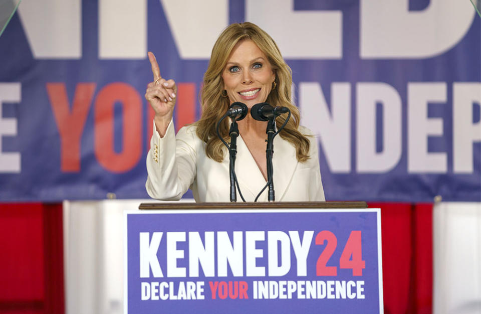 Actress Cheryl Hines introduces her husband Robert F. Kennedy Jr. at a Philadelphia press conference on Oct. 9, 2023.