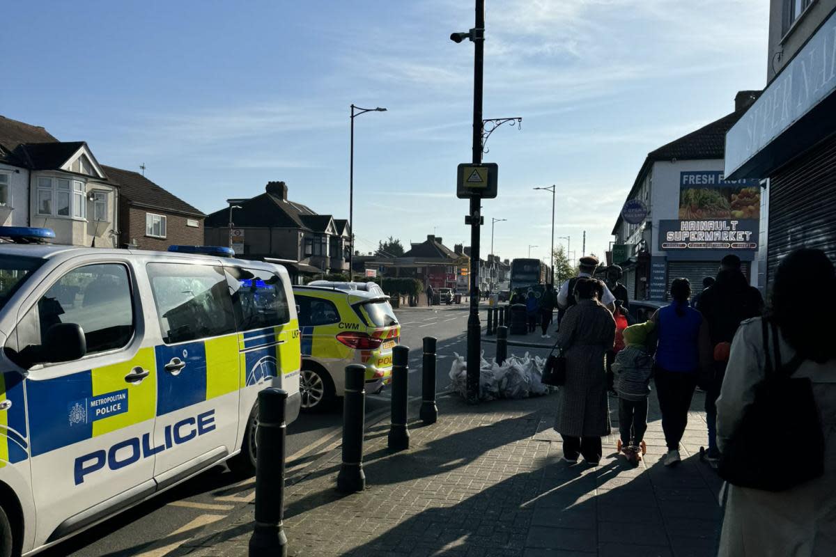 Picture taken with permission from the Twitter feed of @petekingdom of emergency services in Hainault, north east London, where a 36-year-old man wielding a sword was arrested after an attack on members of the public and two police officers <i>(Image: Peter Kingdom/PA Wire)</i>