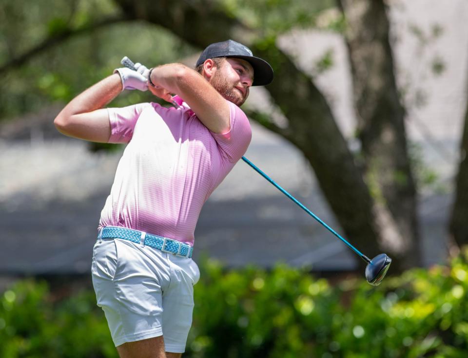 Braden Duvall tees off during the Sugar Sands Showdown summer tour golf tournament at The Club at Hidden Creek in Navarre on Tuesday, June 13, 2023.