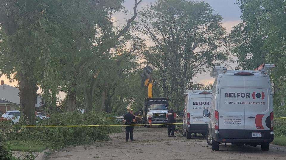 PHOTO: Downed trees and damaged cars in the Livonia Michigan neighborhood where a toddler was killed after a tornado touched down on Wednesday evening, June 5, 2024. (Jenna Prestininzi / USAToday Network)