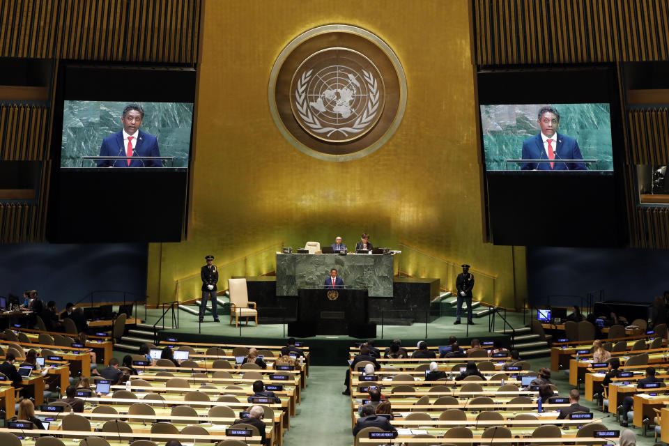 Seychelles President Danny Faure addresses the 74th session of the United Nations General Assembly, Wednesday, Sept. 25, 2019. (AP Photo/Richard Drew)