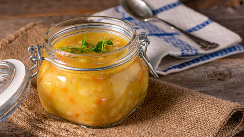 Homemade soup in a glass jar