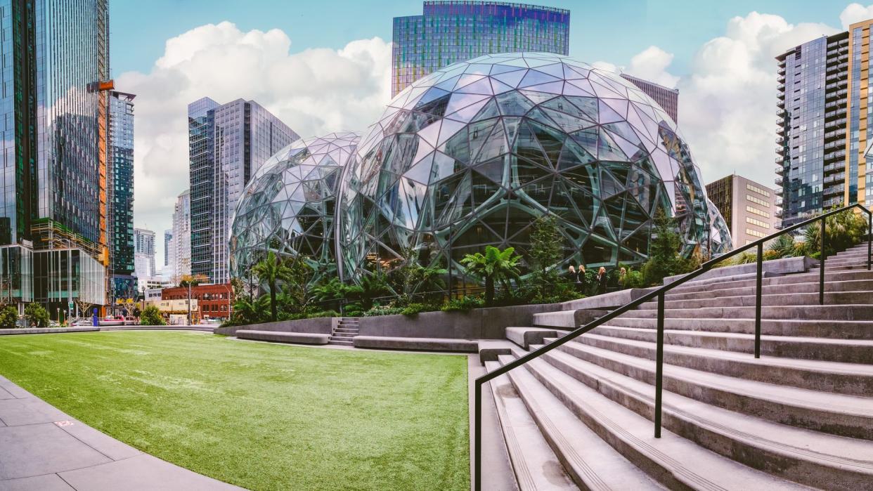 Seattle, Washington Circa November 7, 2018 Amazon company campus world headquarters ,glass Spheres at the Seattle Amazon headquarters, - Image.