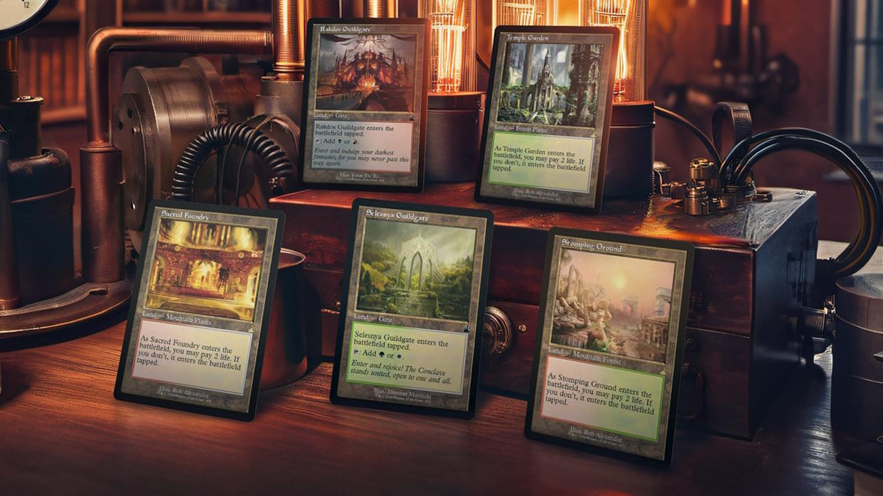  Magic: The Gathering promotional image - five cards on a retro-Steampunk background (detail). 