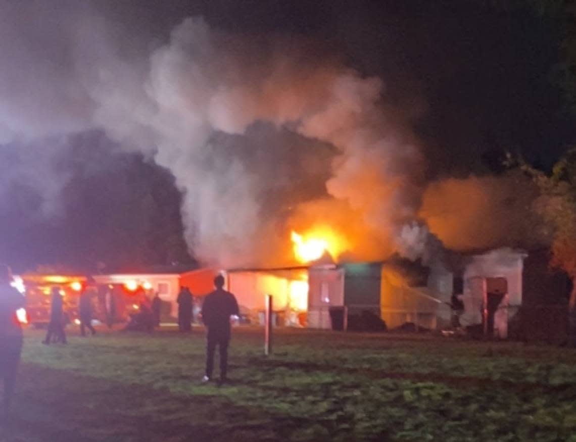 A fire burned in a South Hill mobile home Thursday evening, critically injuring a 10-year-old child, according to Central Pierce Fire & Rescue