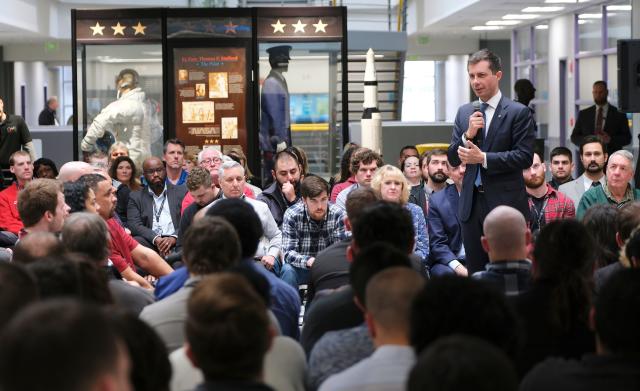 U.S. Transportation Secretary Pete Buttigieg, who was in Oklahoma City on Thursday and toured the Mike Monroney Aeronautical Center, speaks at a town hall for students and employees.