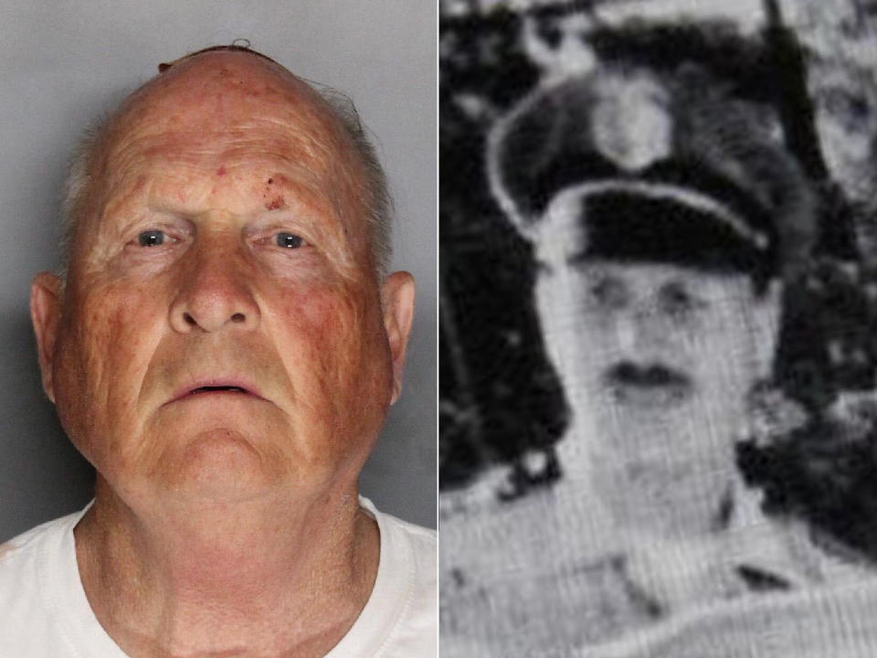 Joseph James DeAngelo, 72, a former police officer is suspected of being an elusive serial killer who investigators say committed at least 12 homicides, 50 rapes and dozens of burglaries across California in the 1970s and 1980s.  At right, DeAngelo as a member of the Auburn Police Department, where he worked from 1976 to 1979 before being fired. / Credit: Sacramento County Sheriff's Dept./Placer County Museums