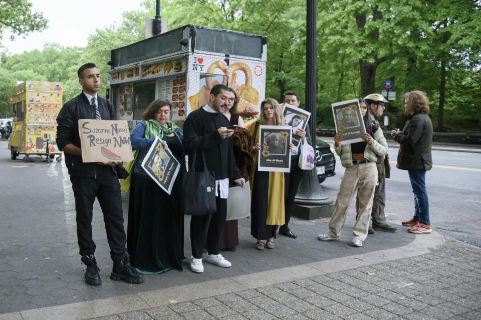 Protestors gather outside the PEN America Literary Gala at the American Museum of Natural History on Thursday, May 16, 2024, in New York. (Photo by Christopher Smith/Invision/AP)
