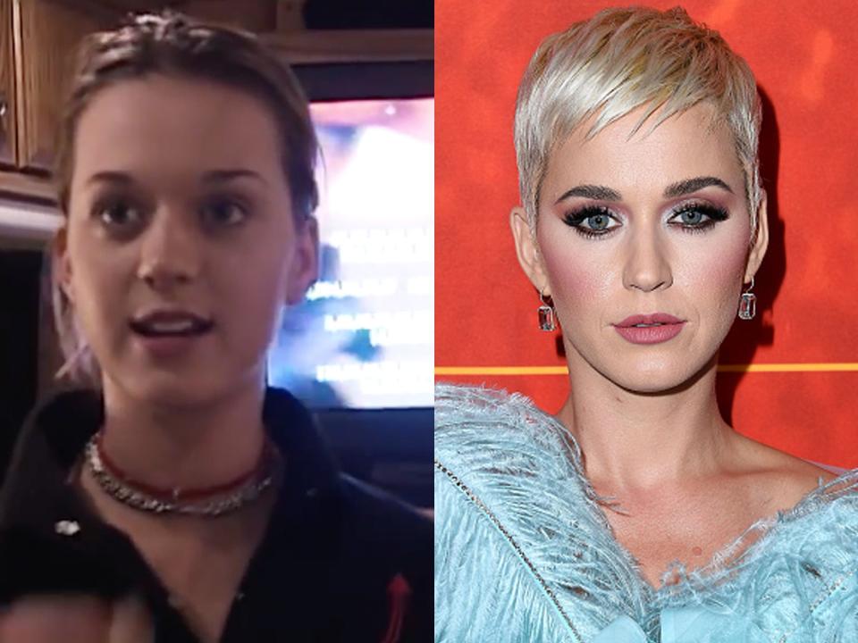 Katy Perry on her tour bus in 2001 and at a gala in 2018.