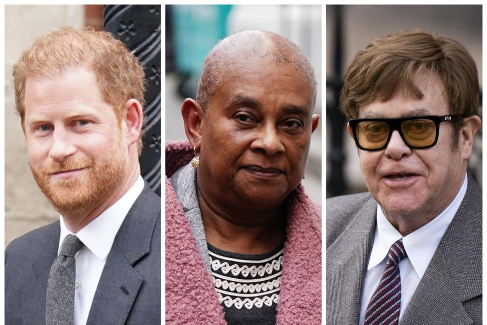 Duke of Sussex, Baroness Lawrence, and Sir Elton John are all bringing legal actions (PA composite)