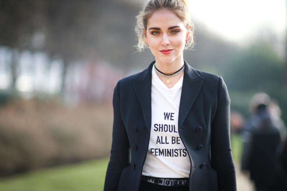 Chiara Ferragni wears sunglasses and a white T-shirt with the inscription ‘We should all be Feminists’, to attend the Christian Dior Haute Couture Spring Summer 2017 show as part of Paris Fashion Week in 2017 in Paris, France. (Photo: Edward Berthelot/Getty Images)