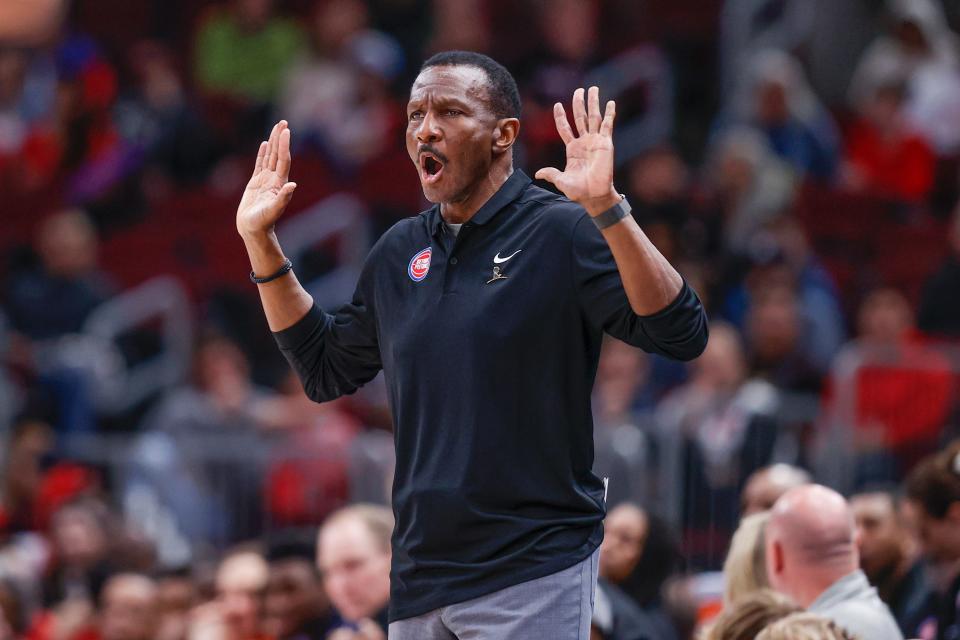 Detroit Pistons head coach Dwane Casey reacts during the 2022-23 NBA regular-season finale against the Chicago Bulls.