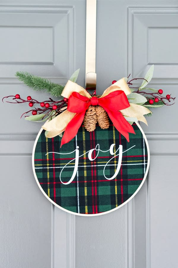 embroidery hoop wreath with plaid fabric and 