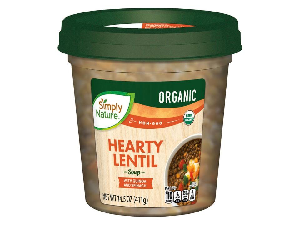 Simply Nature organic hearty lentil soup in a green and brown container