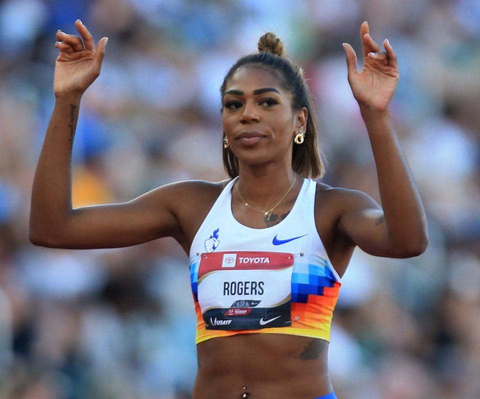 Former Duck Raevyn Rogers acknowledges the crowd before her semifinal in the women's 800 meters on day two of the USA Track and Field Outdoor Championships Friday, July 7, 2023.