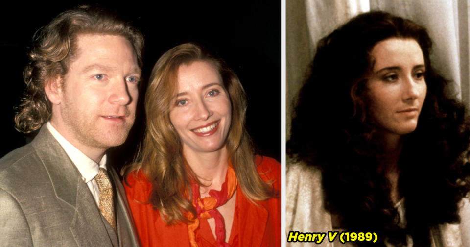 Kenneth and Emma posing together and Emma's character wearing a wig in Henry V.