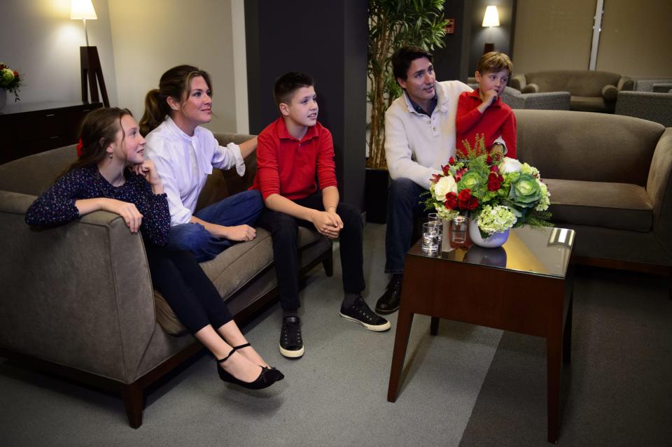 Justin Trudeau, Sophie Gregoire-Trudeau and their children watch the results