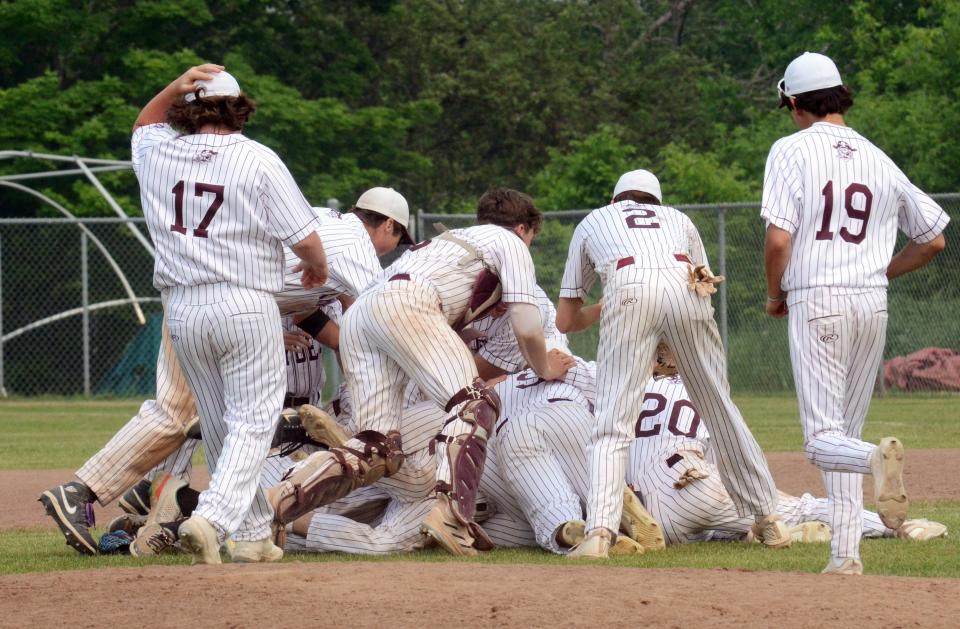 The Charlevoix baseball team piles on each other in the moments after the district championship was won over Elk Rapids Saturday.