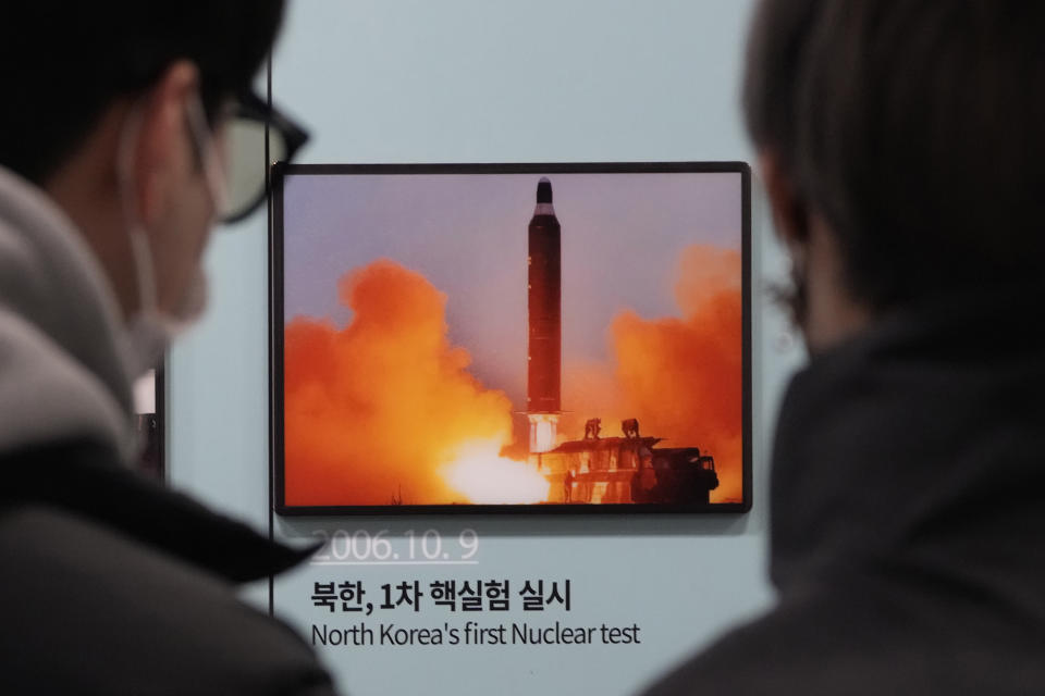 A photo showing North Korea's missile launch is displayed at the Unification Observation Post in Paju near the border with North Korea, South Korea, Friday, Jan. 27, 2023. South Korea’s government said Friday it will promote civilian efforts to provide humanitarian assistance to North Korea in hopes of softening a diplomatic freeze deepened by North Korean leader Kim Jong Un’s growing nuclear ambitions. (AP Photo/Ahn Young-joon)