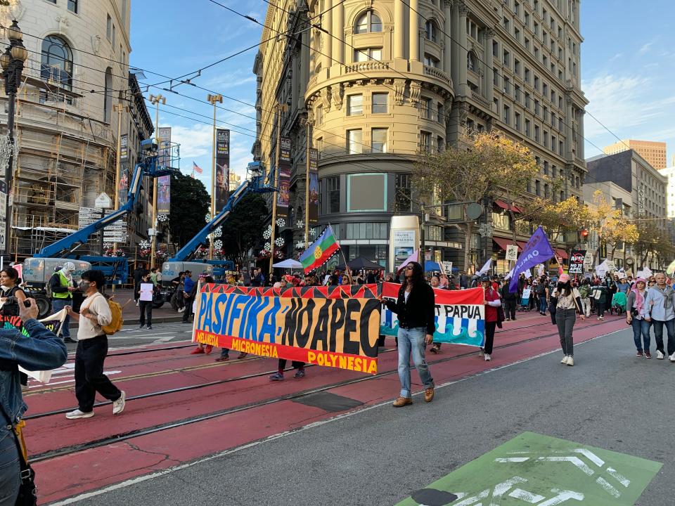 A protest march on Sunday, November 12, 2023 in San Francisco against the Asia Pacific Economic Cooperation forum being held in the city from November 11 through 17th. It features leaders from 21 member economies discussing trade and business.