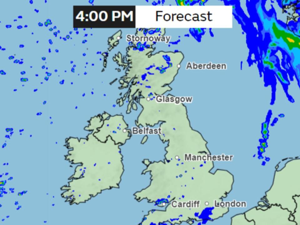 Forecast for 4pm shows rain almost entirely clearing out in the afternoon with some sporadic showers here and there (Met Office)