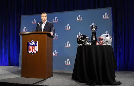 Feb 1, 2017; Houston, TX, USA; NFL commissioner Roger Goodell during a press conference in preparation for Super Bowl LI at George R. Brown Convention Center. Mandatory Credit: Kirby Lee-USA TODAY Sports