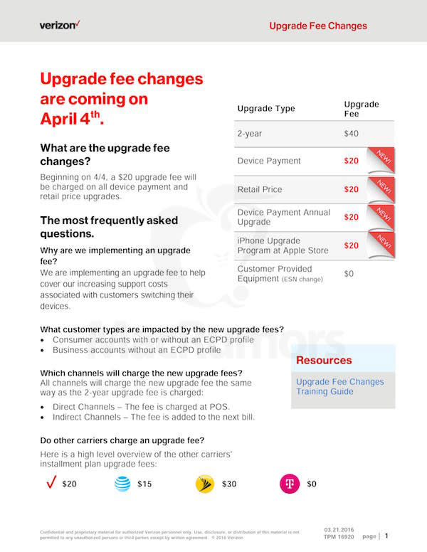 Verizon Upgrade Fee Memo