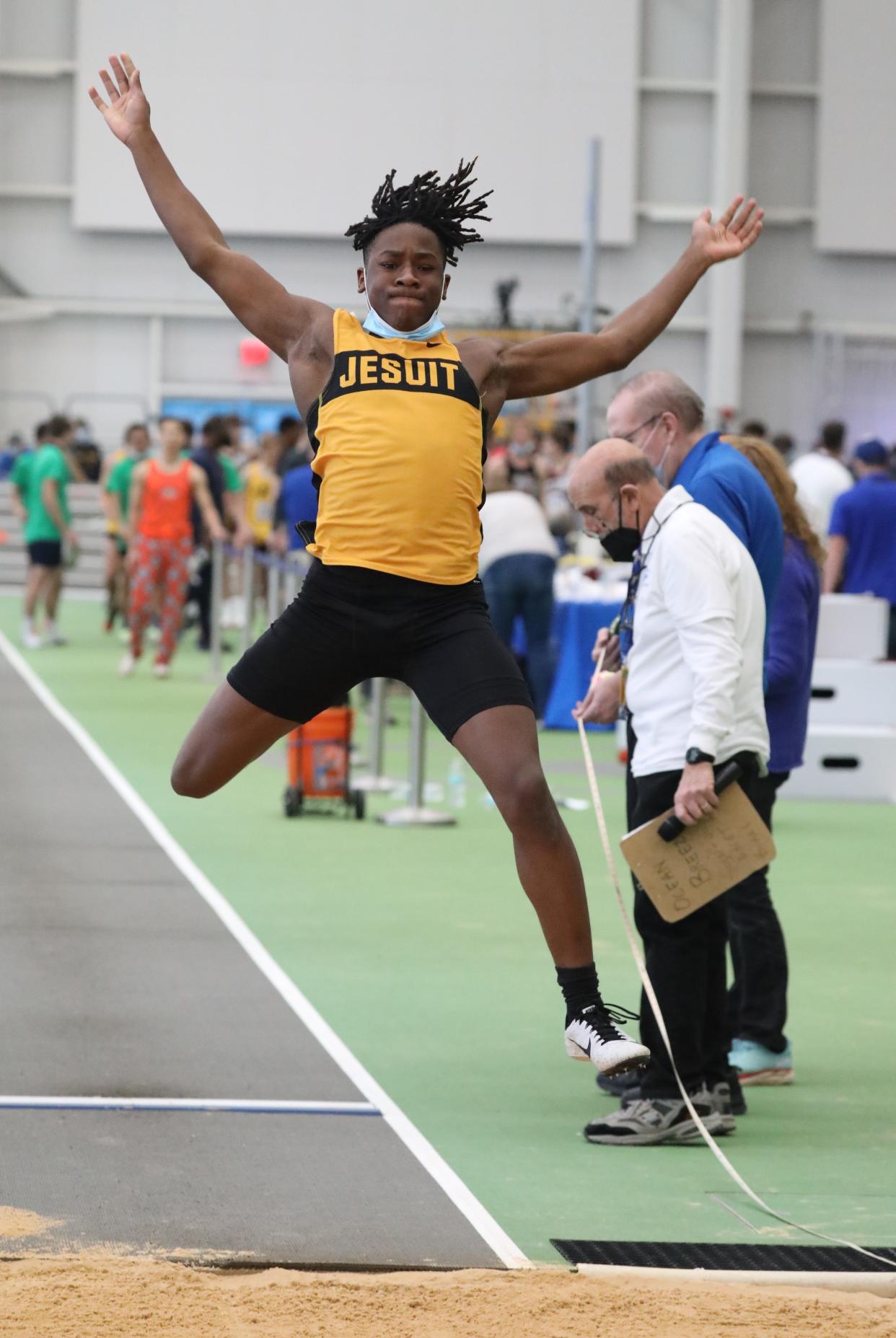 Rhoan Kaulder from McQuaid competes in the boys long jump at the NYSPHSAA Indoor Track & Field Championships at the Ocean Breeze Athletic complex in Staten Island,March 5, 2022.