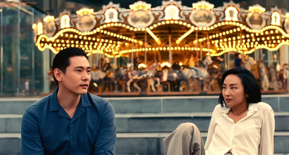 Teo Yoo and Greta Lee, playing childhood sweethearts Hae Sung and Nora, in a scene from Past Lives.