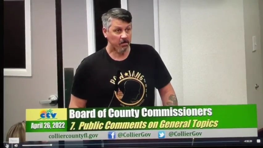 Christopher Worrell addressing Collier County commissioners at their April 26 meeting, calling himself a "political prisoner."