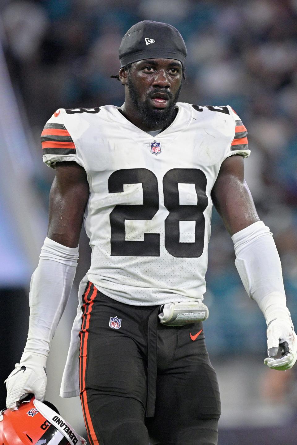 Cleveland Browns linebacker Jeremiah Owusu-Koramoah (28) walks onto the field during the second half of an NFL preseason football game against the Jacksonville Jaguars in Jacksonville, Fla., in this Saturday, Aug. 14, 2021, file photo. (AP Photo/Phelan M. Ebenhack, File)